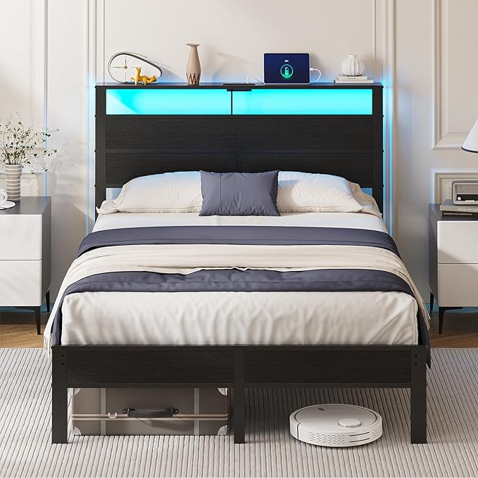 Full Size Metal Bed Frame with Storage Headboard LED Lights and USB Charging Ports Noise Free Platform Bed with Sturdy Slats No Box Spring Needed Easy Assembly