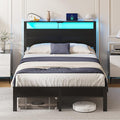 Full Size Metal Bed Frame with Storage Headboard LED Lights and USB Charging Ports Noise Free Platform Bed with Sturdy Slats No Box Spring Needed Easy Assembly