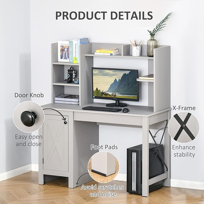 Farmhouse Computer Desk and Cabinet Home Office Desk with Storage for Study Light Grey