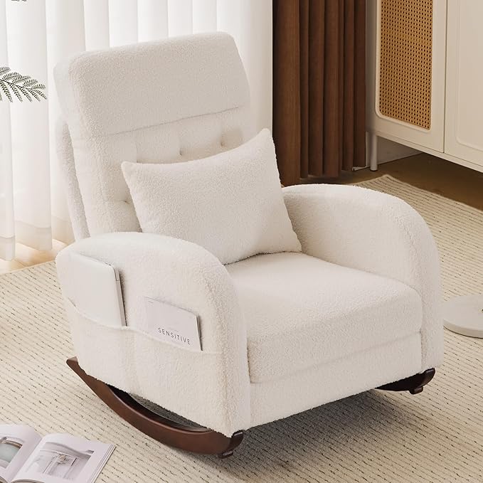 VINGLI Teddy Fleece Low Seat Rocking ChairBoucle Upholstered Nursery Glider Chair with Side PocketsAccent Arm Chair with High BackrestComfy Head RestSolid Woodfor Living Room BedroomBeige