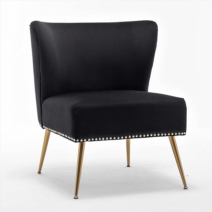 Thia Armless Velvet Accent Chair for Living Room Elegant Seat with Nailhead Trim Gold Metal Legs and Comfortable Curved Back 28 D x 25 W x 29.5 H Black