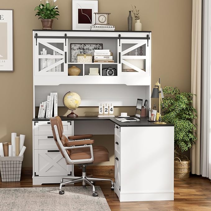 VOWNER 57 Farmhouse L Shaped Desk with Hutch Executive Desk with Charging Station Home Office Desk with Sliding Doors and File Cabinet Wood Corner Computer Desk with Drawers for Home Office White