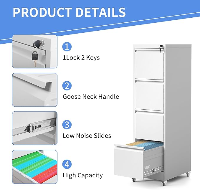 4 Drawer File Cabinet with Wheels Metal Filing Cabinet with Lock and Wheels Rolling Filing Storage Home Office Vertical File Cabinets for Hanging Legal/Letter Size Files Assembly Required White