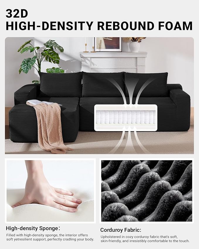 96 Inch Cloud Sectional CouchModern Modular Sectional Sofa with Deep SeatCorduroy Boneless Couches with L-Shape Chaise for Living Room BedroomNo Assembly Required (Black Left Facing Chaise)