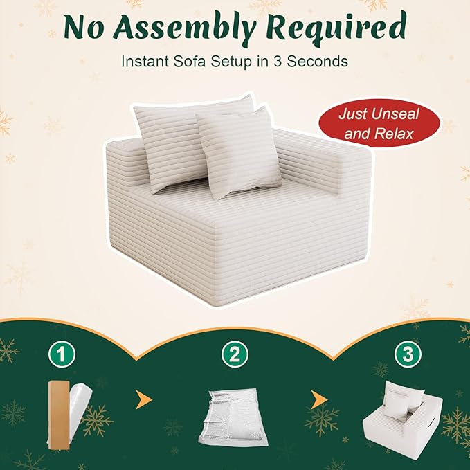 Modular Cloud Couch Sectional Deep Seat No-Bone Corduroy Sofa with Ottoman Oversized Comfy Modular Sofa for Living Room Bedroom Apartment No Assembly Flexible Layout (White Ottoman)