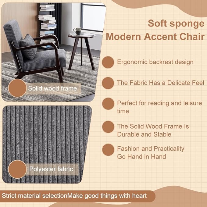 Mid Century Modern Accent Chair with Side Table Upholstered Corduroy Armchair with Lumbar Pillow Solid Rubberwood Frame for Living Room Bedroom Reading Nook Dary Grey/Walnut