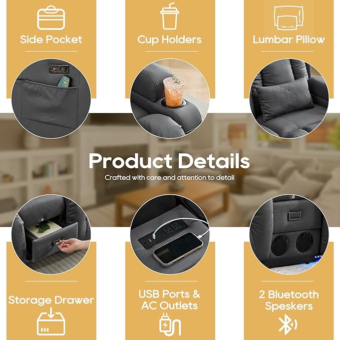 IPKIG Power Loveseat Recliner Sofa with Flip-Up Backrest Console Drawer AC Outlet LED Light Wall Hugger Recliners for Living Room RV Home Theater (Grey Loveseat)