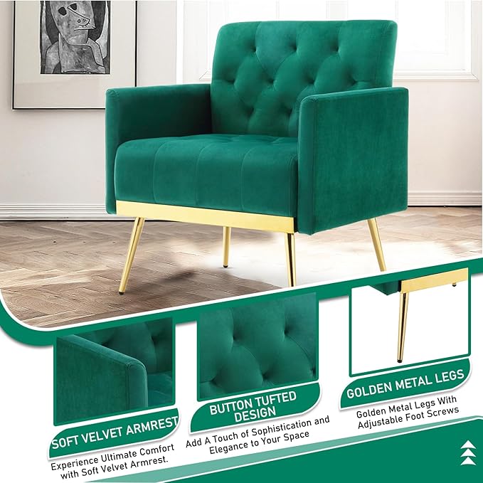Velvet Accent Chairs Set of 2 Modern Button Tufted Armchair with Metal Legs Small Comfy Upholstered Single Reading Club Chair for Living Room Bedroom Office Decorative(Green)