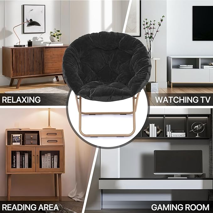 MoNiBloom Round Folding Faux Fur Saucer Chair for Bedroom Living Room Dorm Foldable Metal Frame Oversized Large Comfy Furry Padded Soft Cozy Moon Chair with Footrest Ottoman for Adults (Black)
