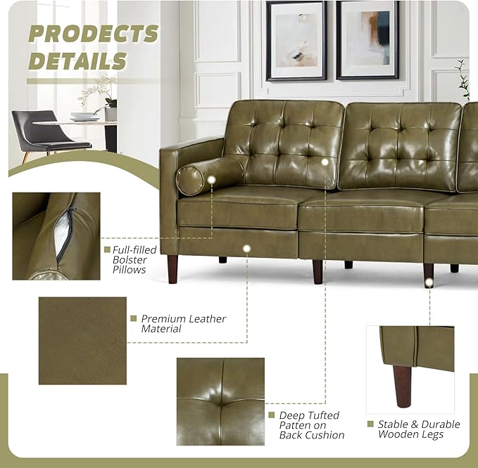 84” Faux Leather Sofa with Tufted Backrest Upholstered 3-Seat Couch with 2 Bolster Pillows Mid-Century Sofa with Wooden Legs for Living Room Bedroom Office Olive Green