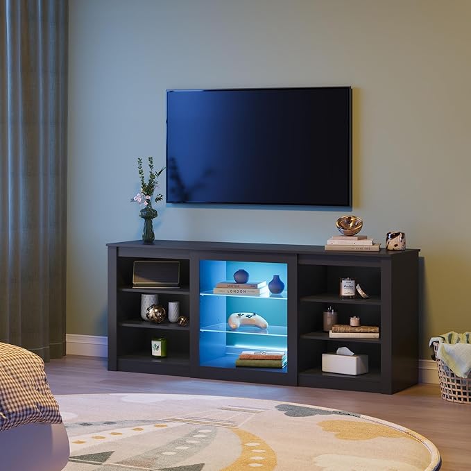 WLIVE Modern TV Stand for 65 Inch TV Entertainment Center with Adjustable Open Shelves &amp RGB LED Lights Sturdy Media Console for Living Room BedroomGaming (Black)