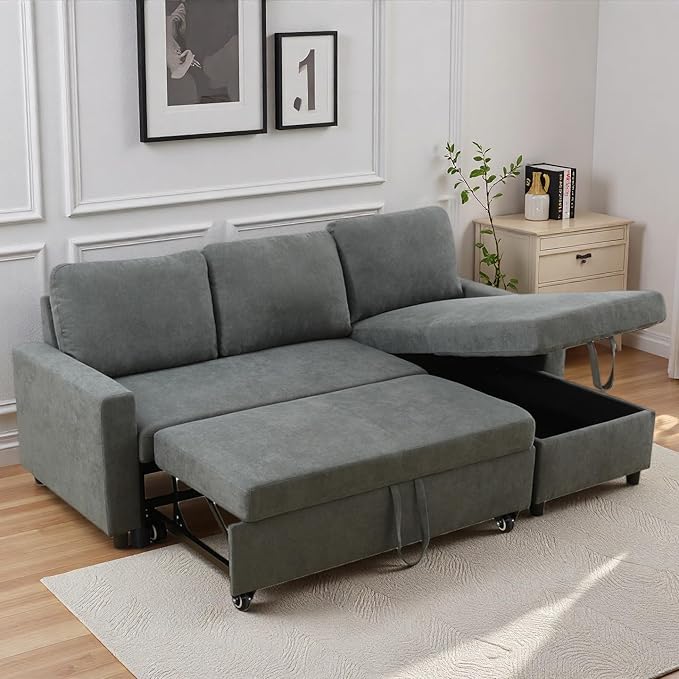 83 Inch Pull Out Couch Convertible Sofa Bed for Living Room Comfortable Sleeper Sofa with Pull Out Bed Modern Sectional Couches with Storage Chaise Easy Assembly for Apartment Dark Grey