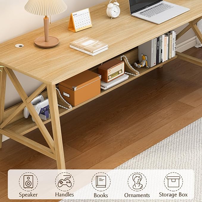 Extra Long Desk with Bookshelf - Wooden Home Office Work Study Table Writing Computer Workstation with Storage Shelf in Oak 47 Wx16 Dx30 H