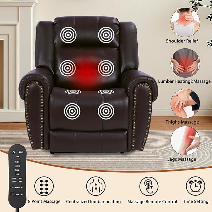 EONIX Classic Dual Motor Power Lift Recliner Chair for Elderly 400lbs Heavy Duty Breathable Faux Leather Recliner with Heat and Massage Lay Flat Lift Chair Recliner for Adults SLRY005 Dark Brown