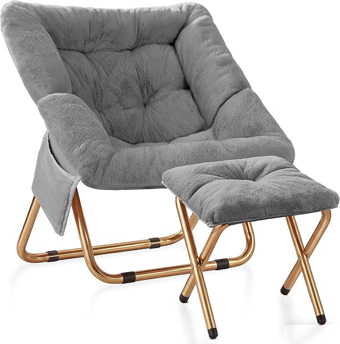 Comfy Saucer Chair Foldable Living Room Chairs Soft Faux Fur Lounge Chair for Bedroom Reading Chairs for Adults Teens X-Large (Grey)