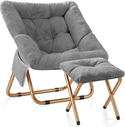 Comfy Saucer Chair Foldable Living Room Chairs Soft Faux Fur Lounge Chair for Bedroom Reading Chairs for Adults Teens X-Large (Grey)