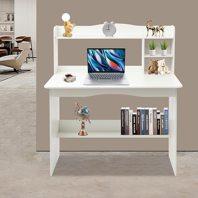 Computer Desk with Hutch - 40 Home Office Desk with Bookshelf &amp Lower Storage Shelf for Studying Gaming Table Computer Desk and Small Spaces (White)
