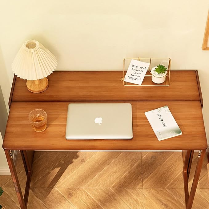 Bamboo Folding Desk with BookshelfFolding Computer Table Multipurpose Table with Bookshelf Wooden Workstation Standing Work Desk for Home and Office Living Room Bedroom Kitchen