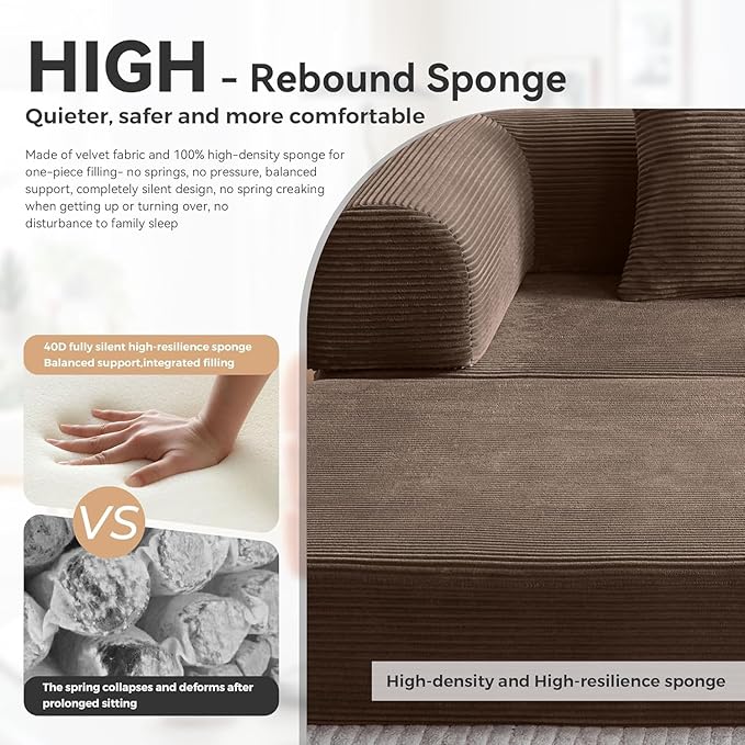 79'' Upgrade High Backrest Sofa Bed with Fixed Frame Removable Armrests &amp Backrest Corduroy Fabric Convertible Couch for Small Spaces No Assembly Needed (High Backrest Brown)