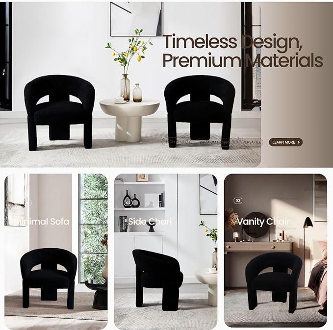 Modern Accent Chairs Set of 2 Black Sherpa Round Barrel Armchairs Comfy Upholstered Lounge Chair for Living Room Bedroom Reading Chair Vanity Chair Comfy Office Waiting Room Chairs