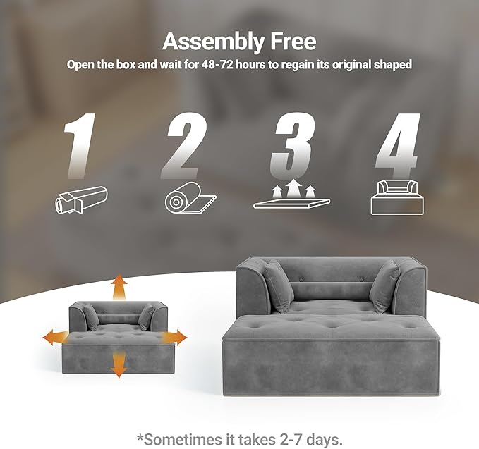62 Chaise Lounge Chair IndoorDeep Seat Sleeper Sofa Cloud Couch with 3 Soft Pillows and OttomanComfy Cloud Seat for Living Room Apartment Office(Dark Grey Chaise Lounge+Ottoman)