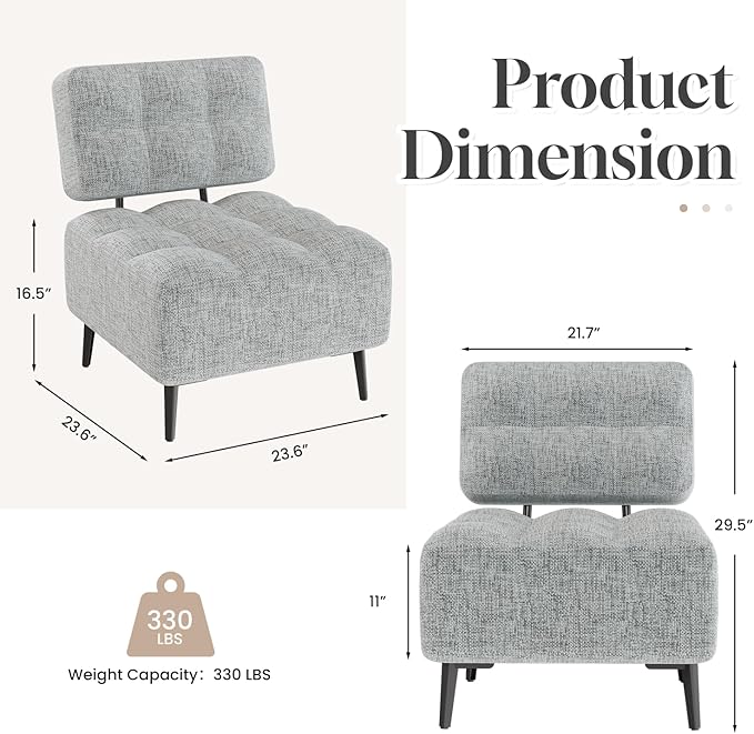 EROMMY Accent Chair Armless Mid Century Modern Chair with Thick Cushion &amp Metal Legs Polyester Leisure Chair Comfy Side Corner Chairs for Living Room Bedroom Study Room Entryway (Grey)