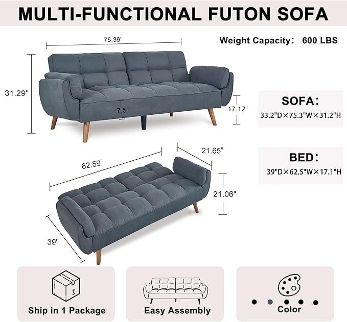 Convertible Futon Sofa Bed Sleeper Sofa Bed with Adjustable Backrests Linen Loveseat Sofa Small Couches for Small Spaces Living Room Bedroom (Dark Gray)