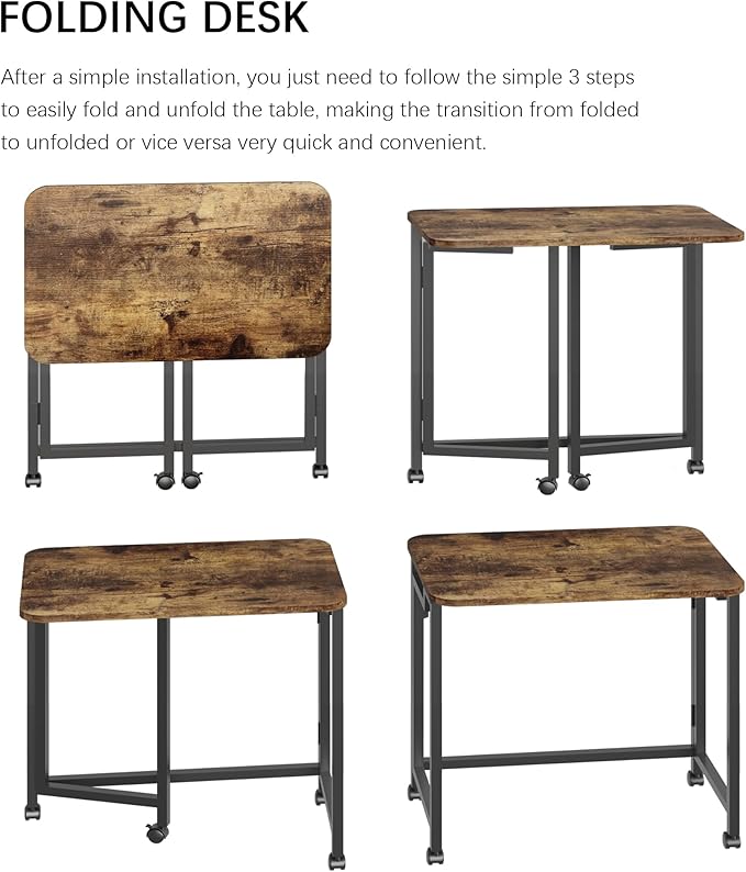JSB Small Folding Computer Desk with Storage Bag and Hook Writing Modern Industrial Work Table Laptop for Home Office White (Rustic &amp Brown 31.5)
