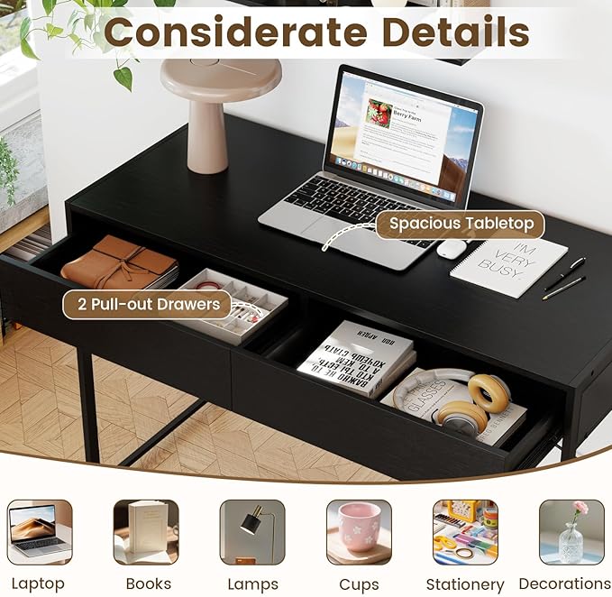 Tangkula Computer Desk with 2 Drawers 44 Inch Home Office Desk with Metal Frame &amp Anti-Toppling Device Modern Writing Desk Study Desk Compact Laptop PC Desk for Small Space (Black)