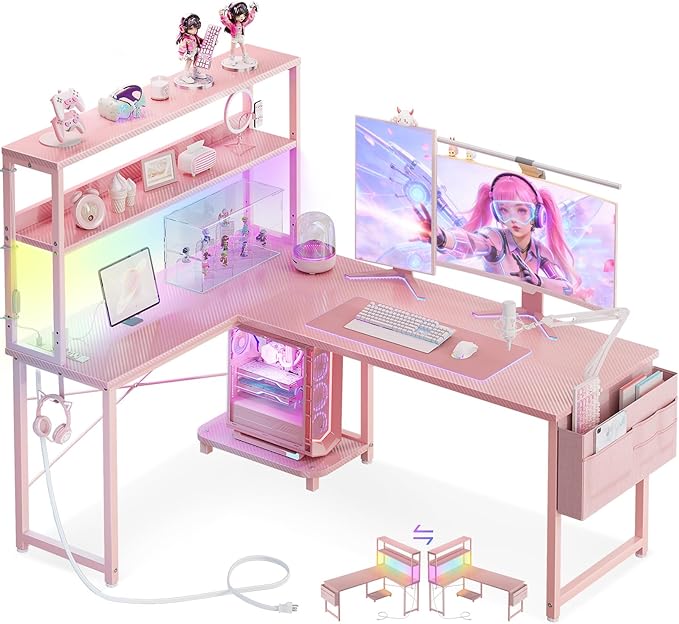 AODK L Shaped Desk Gaming Desk with LED Light &amp Power Outlet 53 Inch Reversible L Shaped Computer Table with Shelf &amp Storage Bag &amp Hook for Home Office Pink