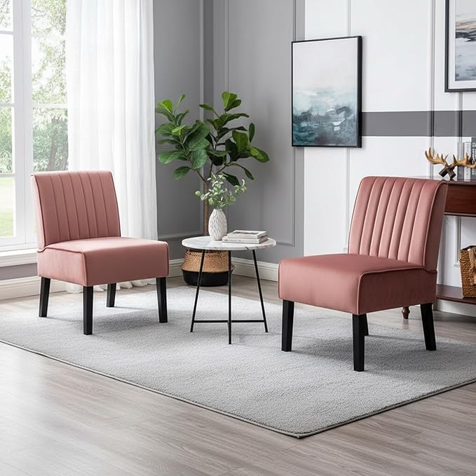 Reese Mid Century Modern Accent Chairs Set of 2 with Minimalist Design Elegant Velvet Upholstery and Solid Wood Legs Ideal for Living Room or Bedroom Rose