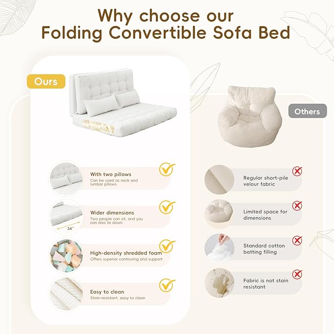 Convertible Sofa Bed 54x91 Inch Thick Tufted Folding Sofa Bed with 2 Pillows Folding Floor Loveseat Sleeper Couch Mattress for Small Spaces Living Room Bedroom and Adults White