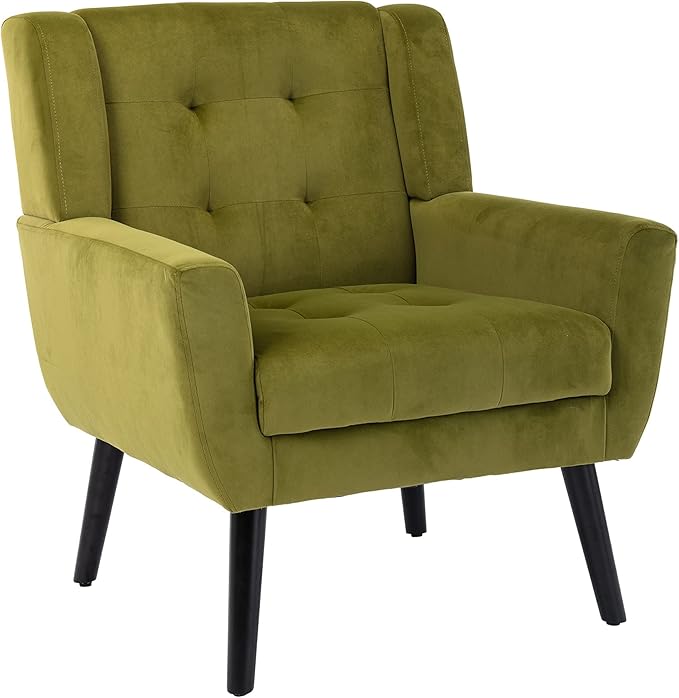 SSLine Velvet Accent Arm ChairSolid Wood Frame Modern Upholstered Wingback Single Sofa Armchair Club Chair with Metal Legs Thick Cushion for Living Room Bedroom (Green)