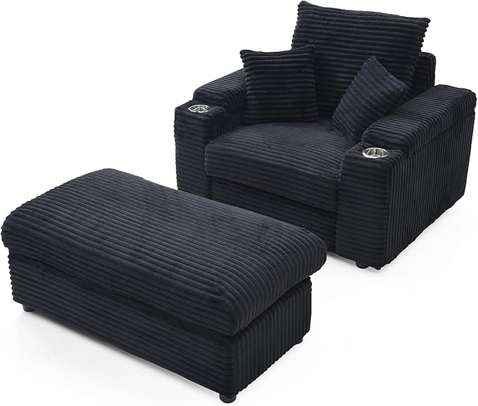 43.3 W Corduroy Chaise Lounge Chair with with Cup Holders &amp Storage Ottoman Comfy Sleeper Chair with 2 Pillow Extra Wide Armrests Modern Deep Seat Reading Armchair for Living Room (Black)