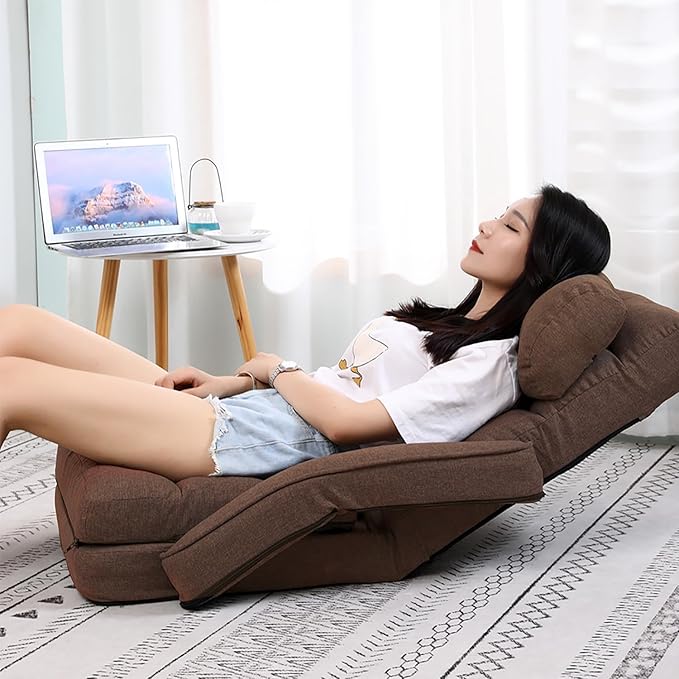FLOGUOR 42-Position Adjustable Floor Chair Chaise Lounge Indoor Folding Lazy Sofa with Armrests and a Pillow Padded Adults Gaming Chairs for Living Room Bedroom Factory Price 8803XM (Brown)