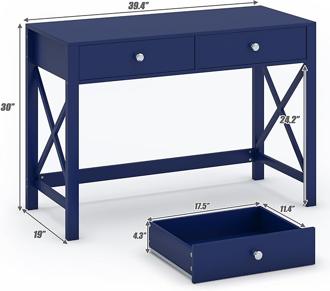 WiberWi Home Office Desk with Drawers Modern Writing Computer Desk for Bedroom Small Navy Makeup Vanity Table Study Table