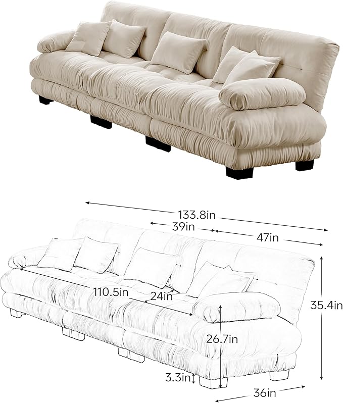 Modular Sectional Sofa 133.8 Oversized 3 Seater Sofa with 5 Pillows Deep Seat Long Sofa Chenille Comfy Soft Cloud Couch for Living Room (Light Coffee 3 Seat)