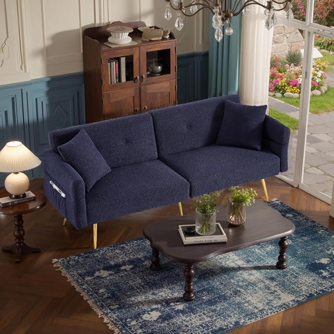 Modern Teddy Velvet Convertible Folding Futon Couch Sofa Bed Adjustable Pillow Top Arm Memory Foam Couch Double Love Seat Sofa for Compact Space Dorm Apartment Bedroom Loveseat (Dark Blue)