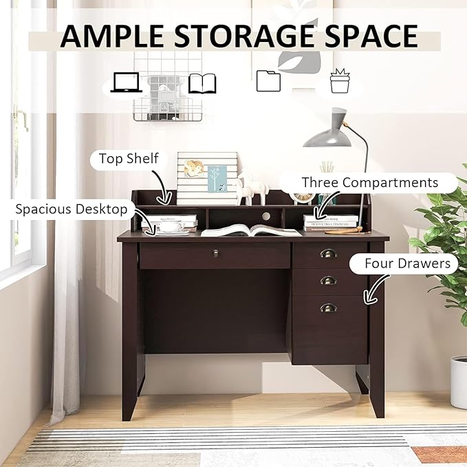 GOFLAME 48” Computer Desk with Hutch Vintage Home Office Desk with Storage Drawers &amp Shelves Space Saving Laptop PC Table Wooden Study Writing Workstation Brown