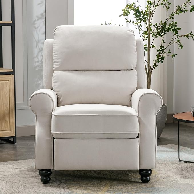 Push Back Recliner Chair Fabric Armchair Overstuffed Pushback Recliner Heavy Duty Single Sofa Chair with Padded Seat Solid Wood Legs for Living Room (White)
