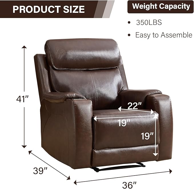CANMOV Genuine Leather Recliner ChairPower Recliner Chair with Adjustable HeadrestBreathable Leather Reclining Single Sofa with Wireless ChargerUSB&amp Type-C Charging PortDark Brown