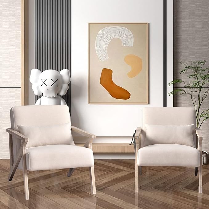 INZOY Mid Century Modern Chair with Wood Frame Upholstered Armchair with Waist Cushion Accent Chair for Living Room Bedroom Apartment Easy Assembly Beige