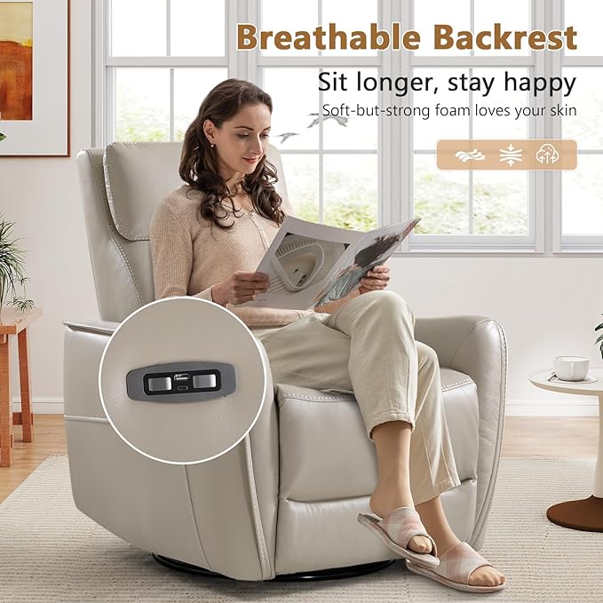 ANJ Power Swivel Rocker Recliner ChairNursery Rocking Chairs with USB &amp Type C PortUpholstered Faux Leather Glider Rocking Chair for Living Room Silver Gray