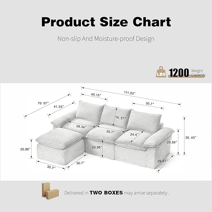 Modular Cloud Couch - Boneless L Shaped Sectional with Ottoman 3 Seater Corduroy Couch for Living Room Soft Plush in a Box (Gray L Shaped-3 Seater+1 Ottomans)