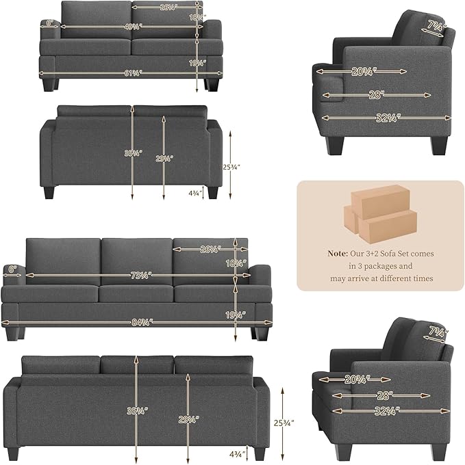 Furnimart Modern 3 Seater Couch and Loveseat Sets Couches Set of 2 for Living Room Deep Seat Sectional Sofa and Love Seat Set Dark Grey