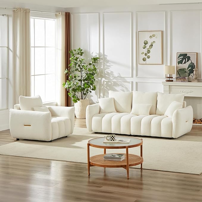 Modern Accent Chair 36.8W Teddy Bouclé Comfy Armchair with 3 Pillows Tufted Upholstered Cloud Single Sofa Chairs Deep Seat Reading Lounge Chair for Living Room Bedroom Office Apartment(Beige)