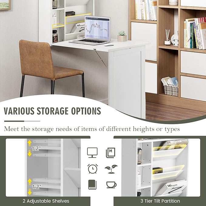 Wall Mounted Desk Fold Out Convertible Desk with Storage Shelves Space Saving Wall Folding Table Home Office Floating Desks for Small Spaces (White)