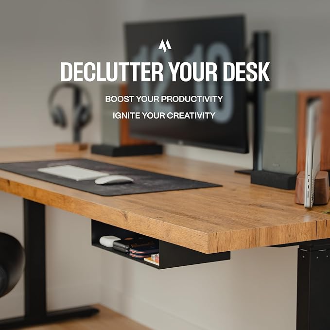 Under Desk Storage Shelf - Carbon Steel Under Desk Tray with Cable Management Mountable Add-On Shelf for Table &amp Office Desks (13 x 8 x 2.8)