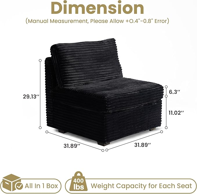32.7'' Middle Seat for Modular Sectional Sofa Deep Seat Upholstered Armless Chair Sleeper Sofas L/U/V Shaped Plush Corduroy Cloud Couch for Living Room Apartment Black