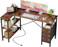 DUMOS L Shaped Desk with Shelf Drawers 55 Inch Brown Corner Computer Desks Gaming with Power Outlet Study Table with Adjustable Shelves Home Office Tables for Bedroom Teacher Reading Writing